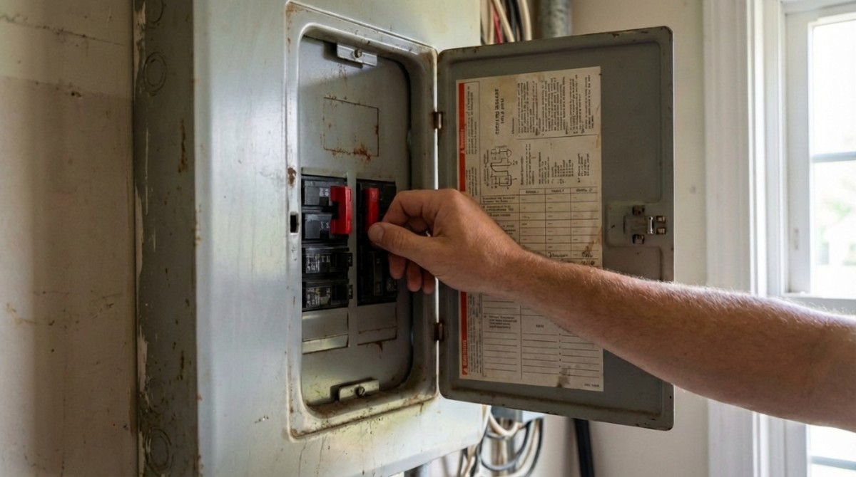 A close-up photo of a hand flipping a circuit breaker switch in an electrical panel