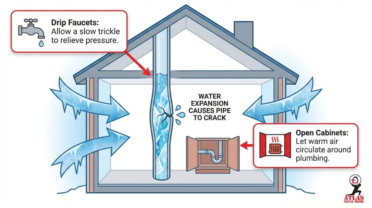 A diagram showing a cross-section of a house. Arrows show cold air penetrating walls. Icons show water expanding inside a pipe until it cracks. Callout boxes highlight