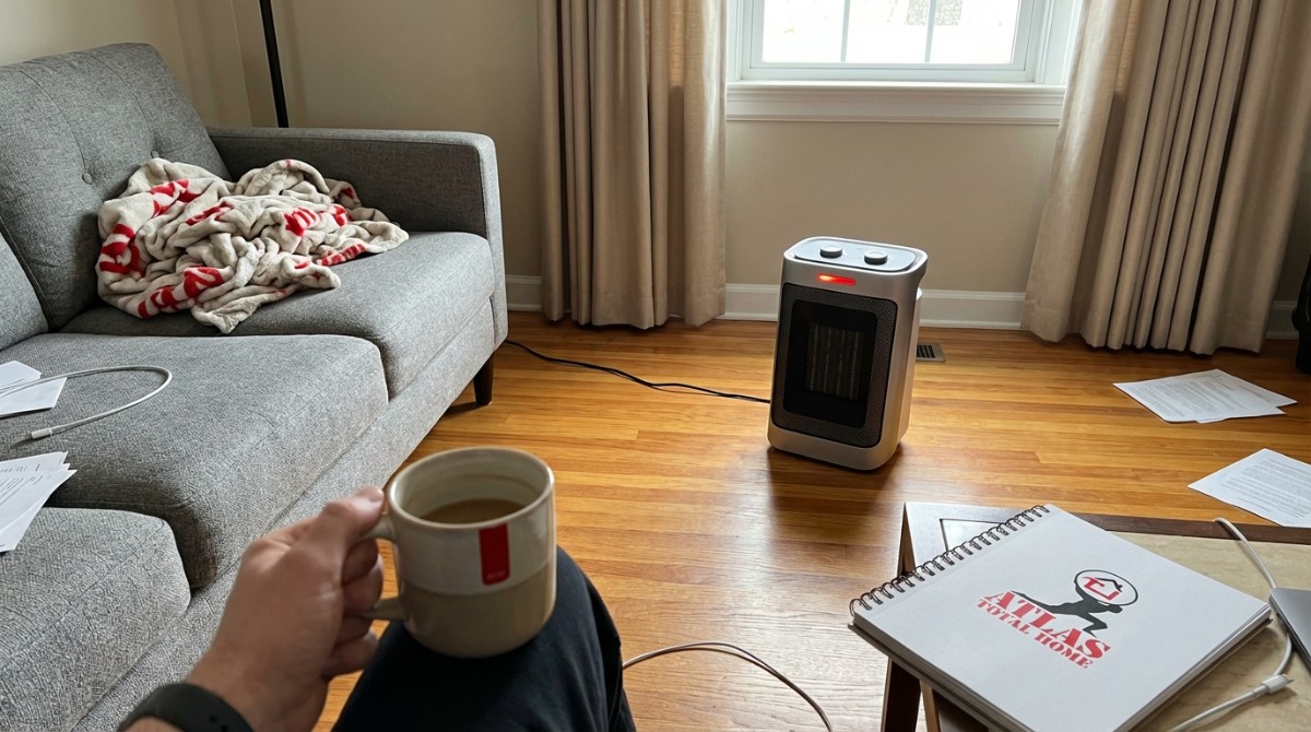 An electric space heater sitting on a hardwood floor, safely away from a couch and curtains