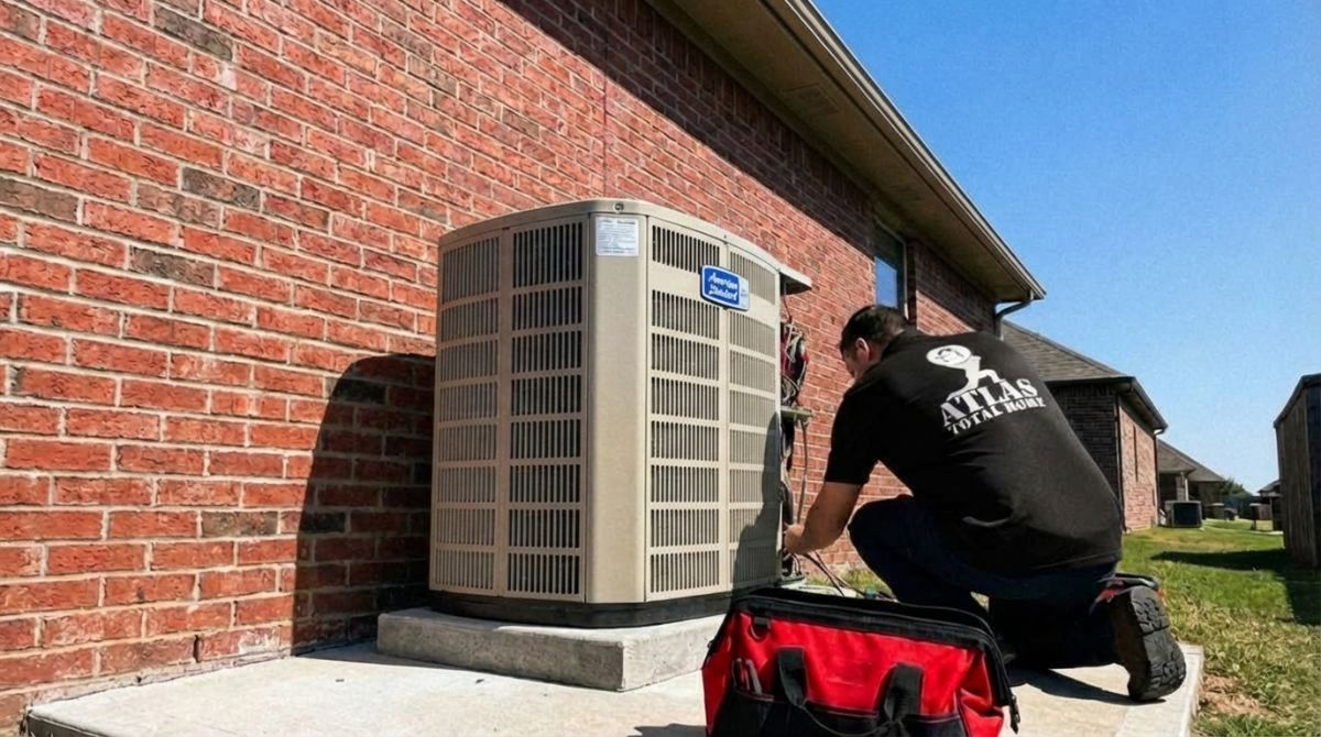 A modern home exterior showing a clean, high-efficiency HVAC heat pump system sitting next to a brick wall with clear blue skies above.