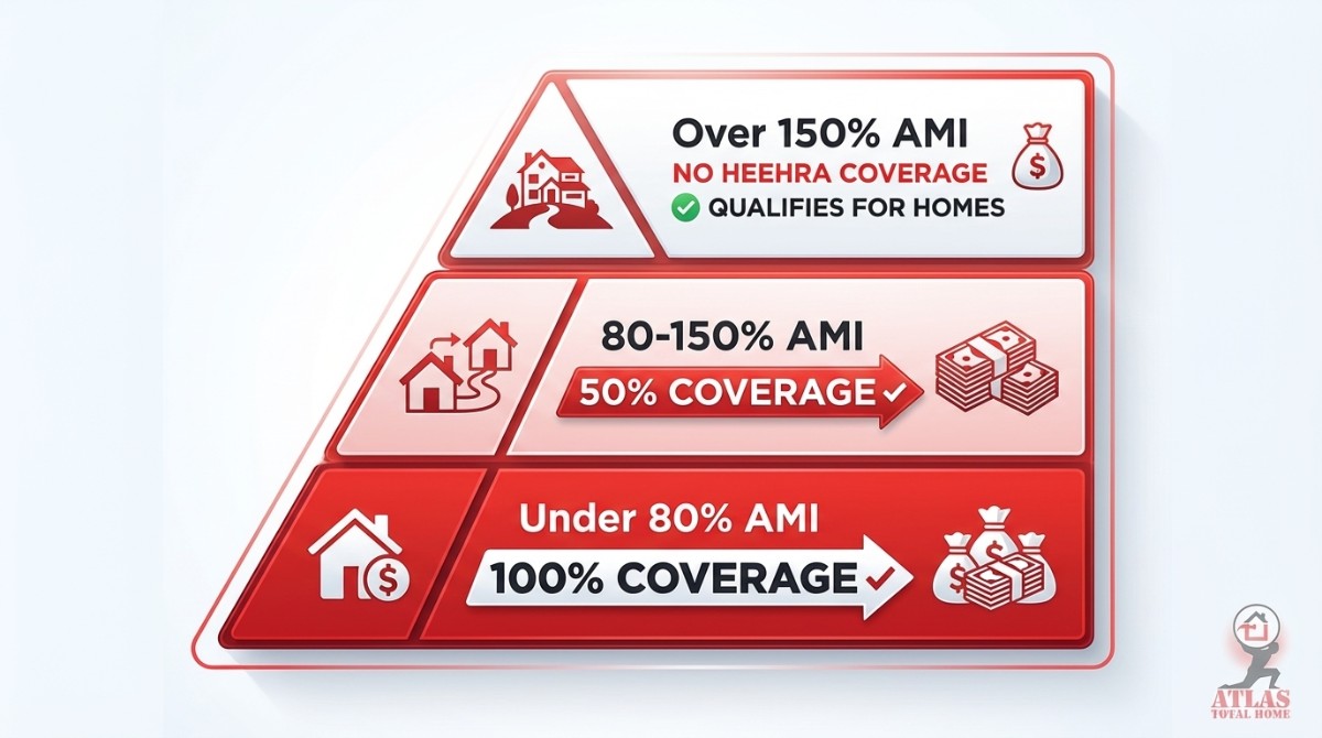 A simple three-tier pyramid chart showing income levels. Bottom tier is Under 80% AMI getting 100% coverage. Middle tier is 80-150% AMI getting 50% coverage. Top tier is Over 150% AMI getting no HEEHRA but qualifying for HOMES.