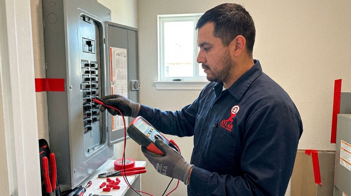 A professional HVAC technician in a clean uniform examining a newly installed electrical panel with a digital voltage meter.