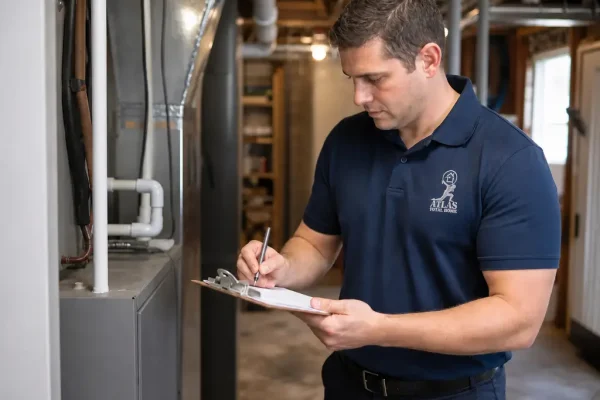 Atlas Total Home HVAC technician completing service inspection checklist in Danville Illinois